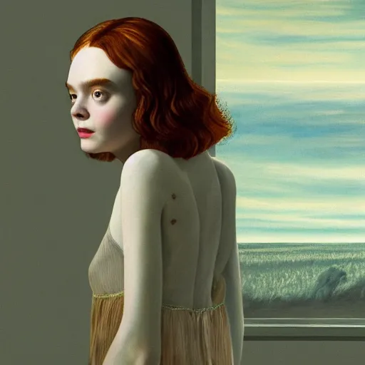Prompt: Elle Fanning in the painted world of Suspiria, head and shoulders masterpiece, apocalypse, golden hour, cosmic horror, artstation, in the style of Andrew Wyeth and Edward Hopper and Bosch, extremely detailed