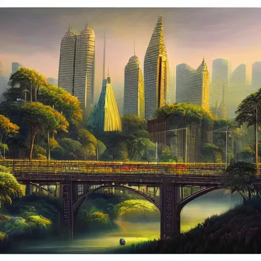 Prompt: Beautiful city of the future in harmony with nature. Beautiful detailed painting by Lurid. (2022)