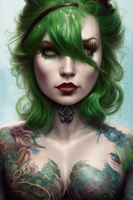 Prompt: closeup portrait shot of green hair tattooed pinup hannah murray, rogue bard, dnd, highly detailed, digital painting, artstation, concept art, soft focus, depth of field, artgerm, tomasz alen kopera, peter mohrbacher, donato giancola, wlop, boris vallejo