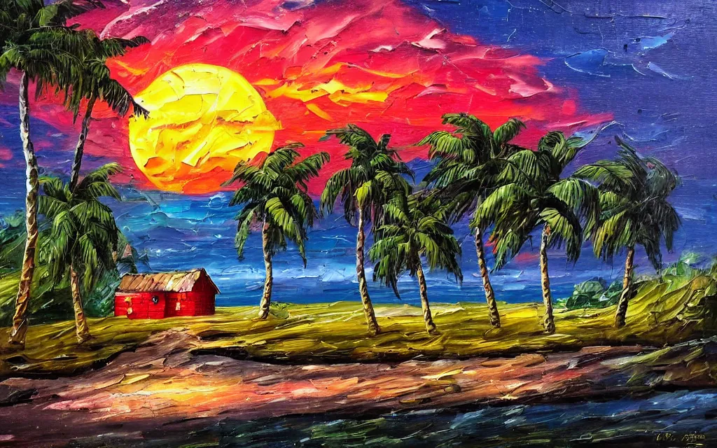 Image similar to a very very small island! with a paved patio, cute cozy large cottage!! with chairs and string lights!!!, palm trees, dark very late evening cloudy sunset, dramatic and dynamic lighting, thick brush strokes oil impasto painting