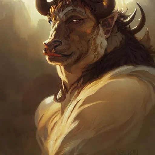 Image similar to ''face portrait of a handsome bull, furry, greek mythology, greece, fantasy, dungeons and dragons, d & d, digital painting, artstation, concept art, sharp focus, illustration, art by greg rutkowski and alphonse mucha''