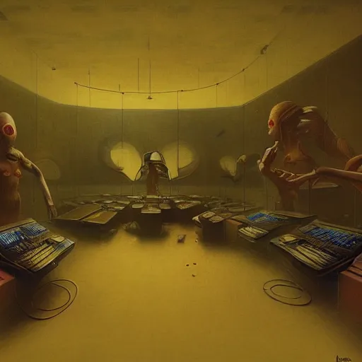 Prompt: a room full of analog synthetizers, korg, roland, modular, award - winning realistic sci - fi concept art by beksinski, bruegel, greg rutkowski, and yoshitaka amano, barlowe, wayne