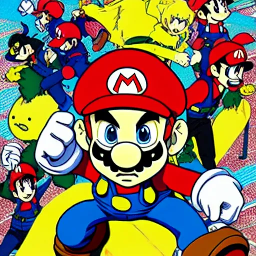 Prompt: anime key visual of mario in the style of kohei horikoshi and akira toriyama, manga cover, pop art color palette, official media