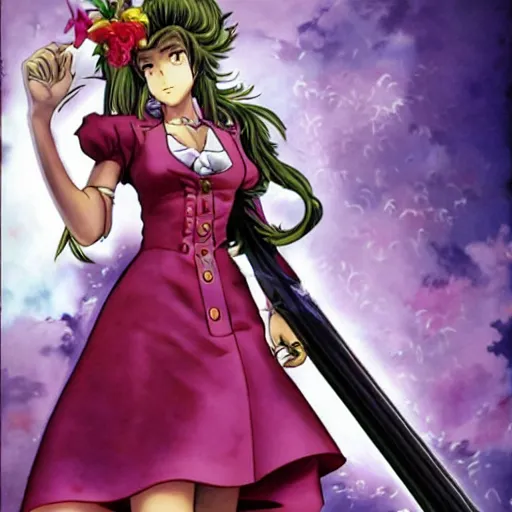 Image similar to aerith gainsborough in jojos bizarre adventure, high quality