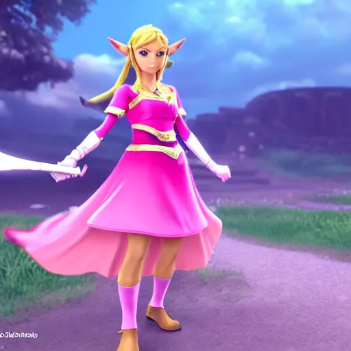 Image similar to Zelda from The Legend of Zelda in a pink dress, fully detailed, high quality , 4k , octane render , soft lightening , masterpiece