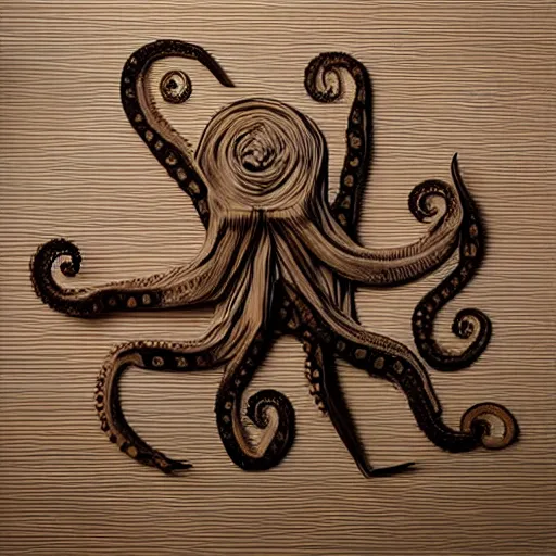 Image similar to octopus tentacles made of brown corrugated cardboard, cut out of cardboard, realistic photography, fantasy