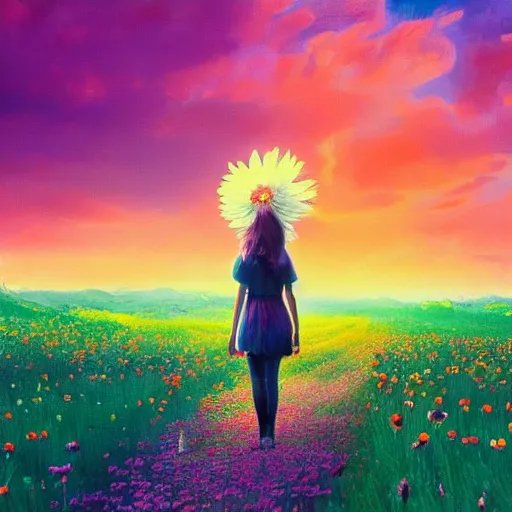 Image similar to giant daisy flower as face, full body, girl walking in a flower field, surreal photography, sunrise dramatic light, impressionist painting, colorful clouds, digital painting, artstation, simon stalenhag, flower face