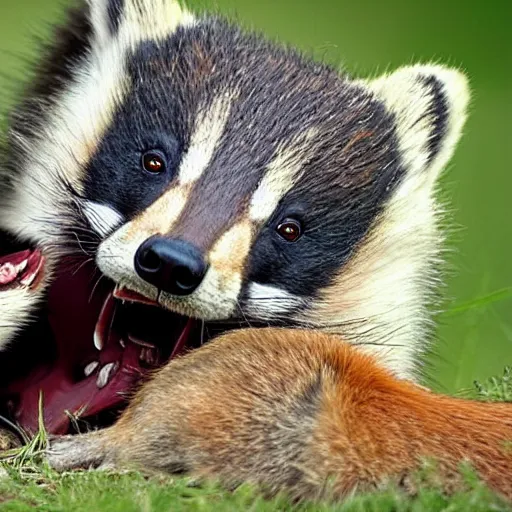 Prompt: A close up badger biting a fox, as happens in nature from time to time. Photo credit National Geographic.