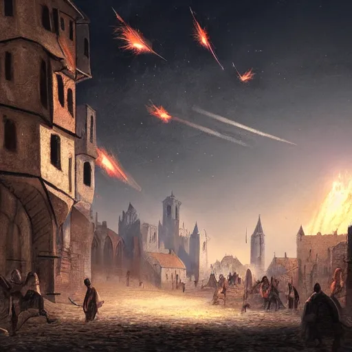 Prompt: meteor seconds before impact in a medieval town, foreboding, people running away, concept art, trending, high detail, high resolution, fantasy, knights