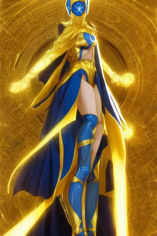 Image similar to anime key visual of a beautiful young female doctor fate!! intricate, gold and blue suit, cape, glowing, powers, dc comics, cinematic, stunning, highly detailed, digital painting, artstation, smooth, hard focus, illustration, art by artgerm and greg rutkowski and alphonse mucha