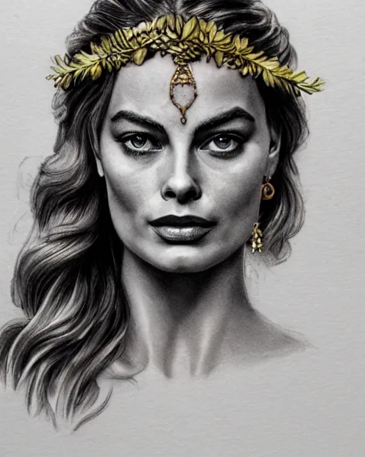 Image similar to realism tattoo sketch of margot robbie as a beautiful greek goddess aphrodite with piercing eyes wearing a laurel wreath and triangle earrings, in the style of greg rutkowski, amazing detail