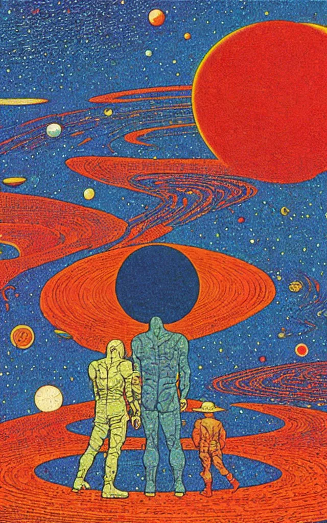 Prompt: planet earth seen from very very far away with the empty cosmic landscape on the background. retro art by jean giraud.