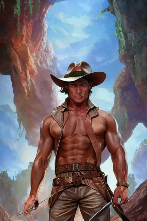 Image similar to pretty muscular sam winchester as indiana jones in the fate of atlantis, clothes torn apart, fantasy style, sharp focus!, ultra detailed, art by artgerm and peter andrew jones, wlop