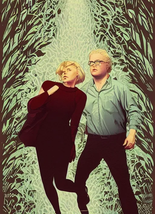 Image similar to poster artwork by Michael Whelan and Tomer Hanuka, Karol Bak of Naomi Watts & Philip Seymour Hoffman falling in love, from scene from Twin Peaks, clean, simple illustration, nostalgic, domestic, full of details