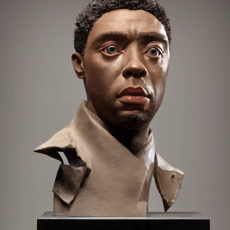 Image similar to beautiful studio photograph of colorful postmodern portrait sculpture of chadwick boseman disappointed, beautiful symmetrical face accurate face detailed face realistic proportions, made of spray - painted polymer clay on a pedestal by ron mueck and matthew barney and greg rutkowski, hysterical realism intense cinematic lighting shocking detail 8 k