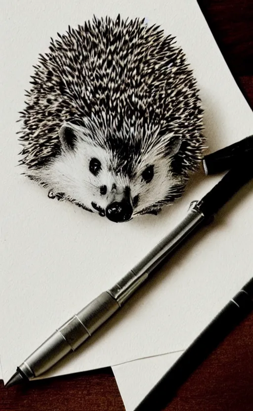 Prompt: sketch of a hedgehog with a pen on a piece of paper,