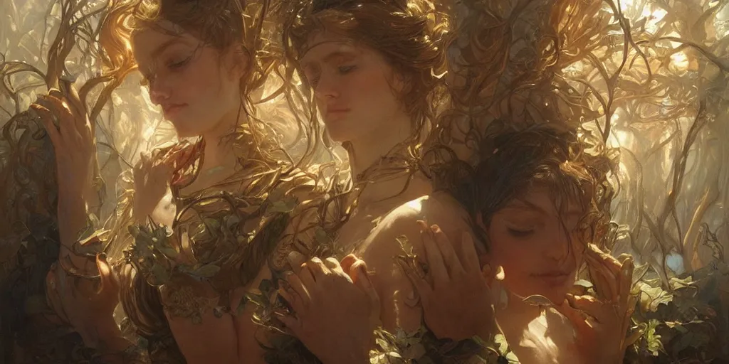 Image similar to too many hands, gnarled, so many hands, fingers, weird amount of hands, intense lighting, light beams, lens flare, intricate, elegant, highly detailed, digital painting, artstation, concept art, smooth, sharp focus, illustration, art by artgerm and greg rutkowski and alphonse mucha