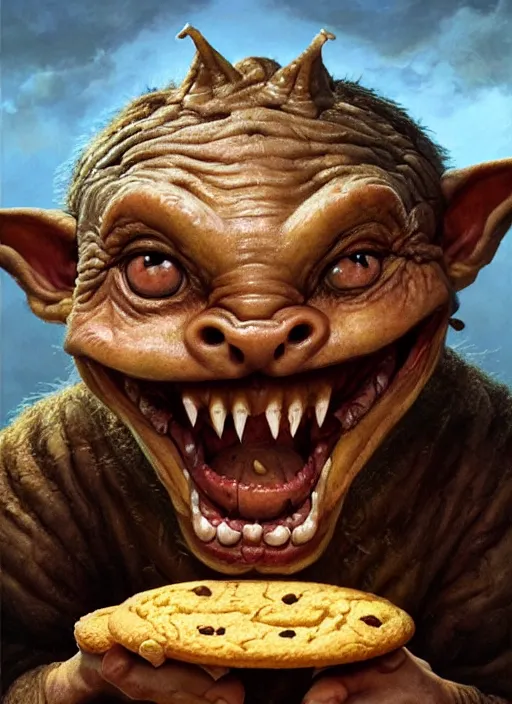 Image similar to highly detailed closeup portrait of a medieval goblin eating cookies, unreal engine, hyung tae, frank frazetta, nicoletta ceccoli, mark ryden, lostfish, earl norem, global illumination, god rays, detailed and intricate environment