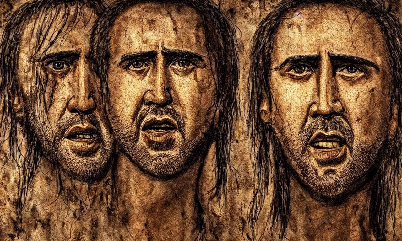 Image similar to ancient cave drawings discovered depicting nicolas cage. archaeological discovery, dslr photograph, high resolution, intricate details, photorealistic.