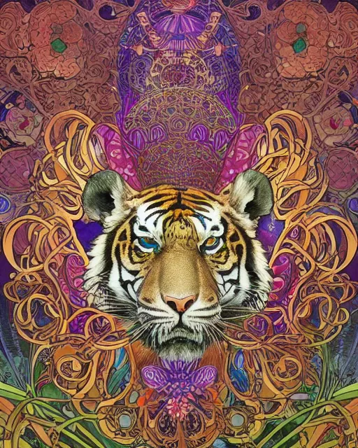 Image similar to Tiger skull art surrounded by varities of flowers, cell shading, voronoi, fibonacci sequence, sacred geometry by Alphonse Mucha, Moebius, hiroshi yoshida, Art Nouveau, colorful, ultradetailed, vivid colour, 3d