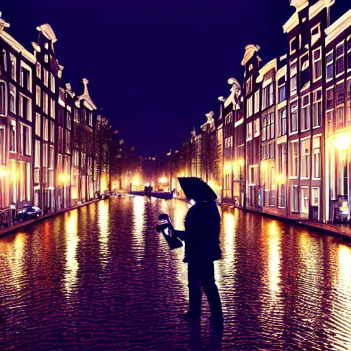 Image similar to man taking beautiful pictures with his cell phone in amsterdam on a light rainy day, photorealistic, dynamic light, ultra detailed