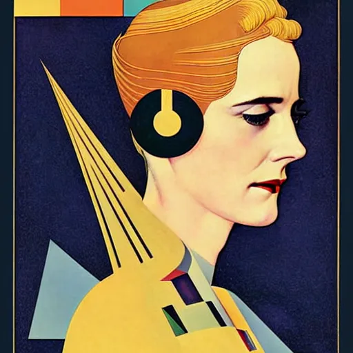 Image similar to Art by Coles Phillips, Portrait of the actress, Eva Green as Space Commander Alpha from the Year 4000, geometric art, poster, no text, Mucha, Kandinsky, carbon blac and antique gold