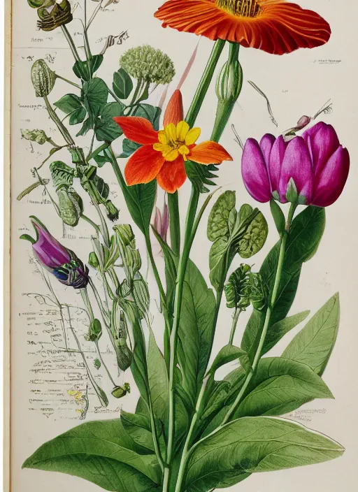 Prompt: fantasy scientific botanical illustration of colorful flower with a large, smiling mouth