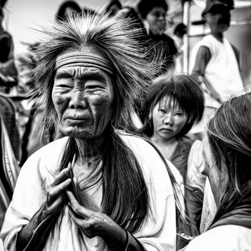 Image similar to hunnic protester face elongated cranium mongolian hair style photo black and white wide angle lense