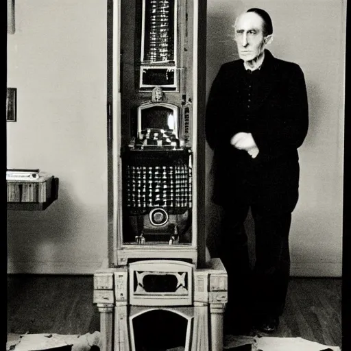 Prompt: underexposed photo of Marcel Duchamp in a room with an ancient chess machine, tri-x, archival pigment print in the style of Hito Steyerl, contemporary art