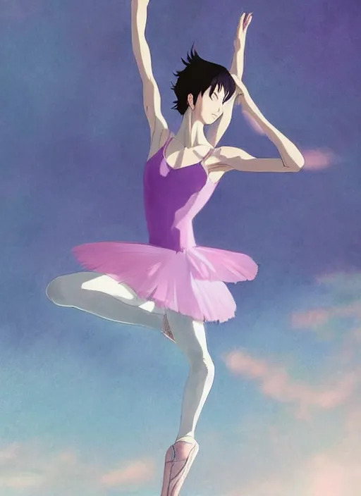 Image similar to ballerina, artwork made by makoto shinkai, inspired in hirohiko araki, clean details, light color palette, anatomically proportional, hd