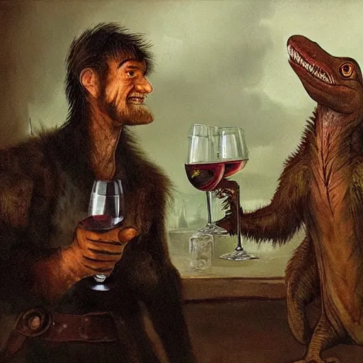 Prompt: portrait of two csotonyi paleoart velociraptors toasting glass of wine, in jurrasic park movie painted by rembrandt and pixar