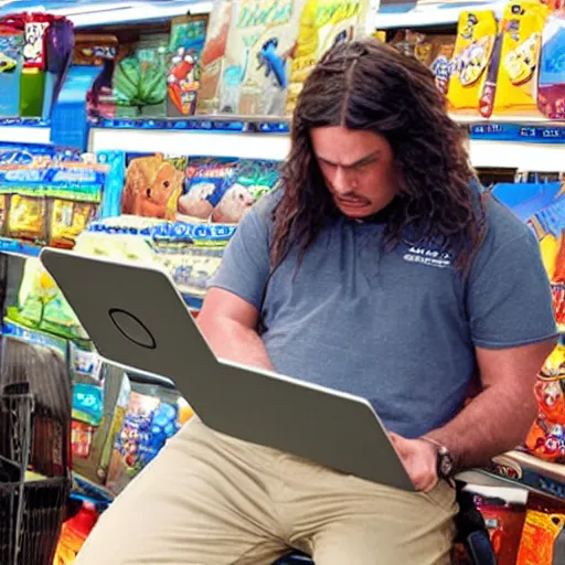 Prompt: “ extremely depressed long haired walmart employee watching kangaroo jack on his ipad, photorealism, walmart ”