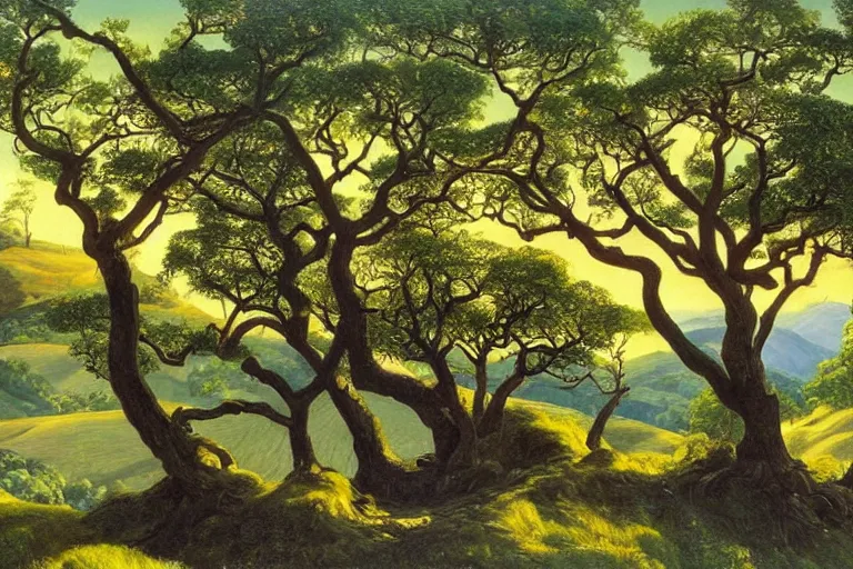 Image similar to masterpiece painting of oak trees on a hillside overlooking a creek, dramatic lighting, by marianne north