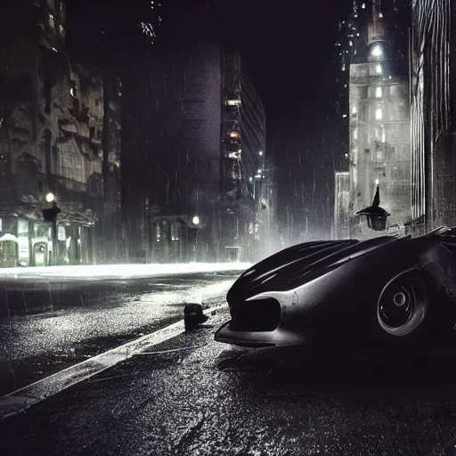 Prompt: Batmobile on a Gotham City street, it's raining, it's night, dramatic lighting