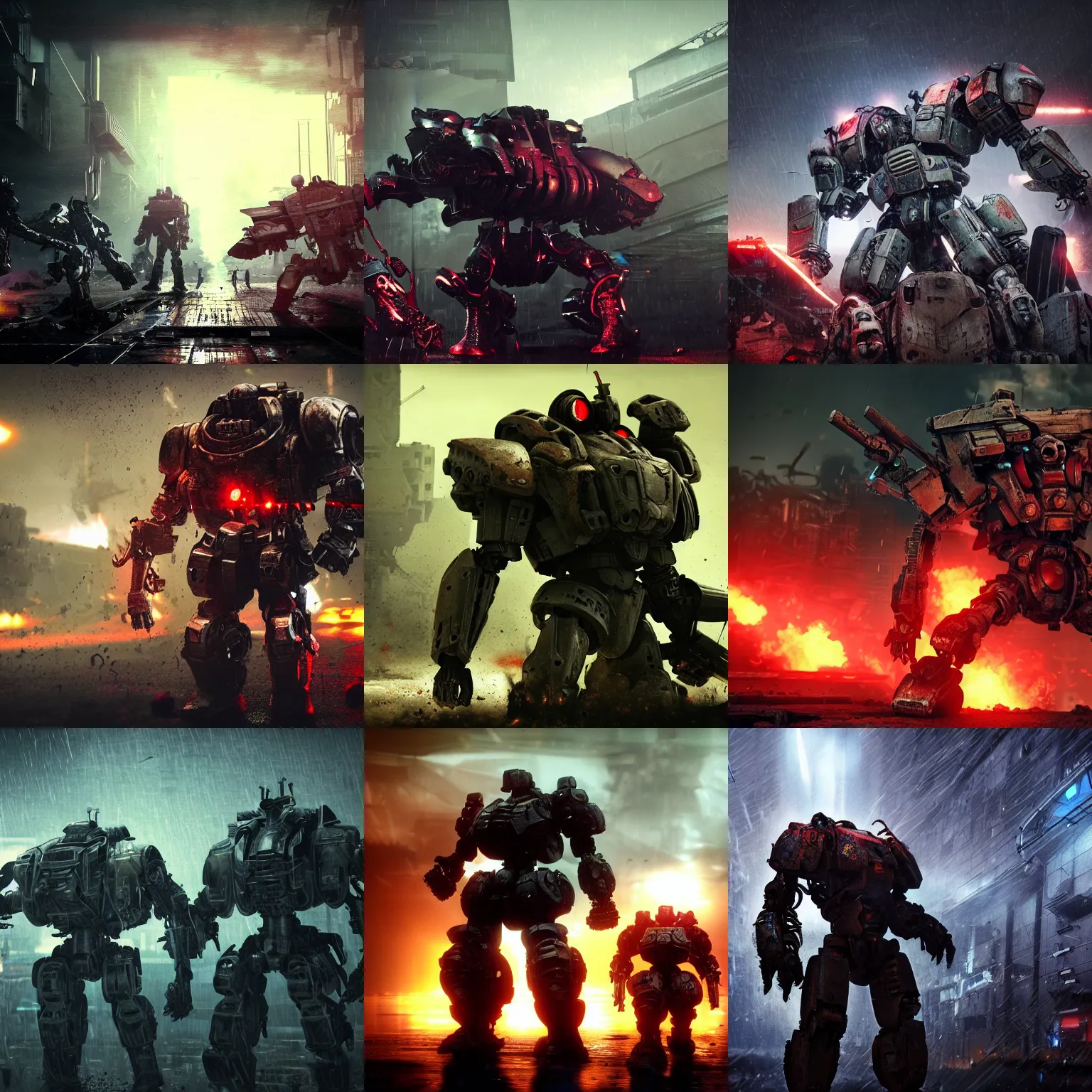 Prompt: old used mech warriors. main character in the focus. epic fight scene from the future. strong personalities and characters. tired, beaten mech bodies. neo noir style, rain, oil, blood everywhere, dramatic high contrast lighting. high action! unreal engine, octane 8 k game wallpaper. highly detailed futuristic scene. closeup, depth of field.