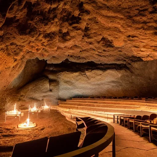 Image similar to a cave with an amphi theatre inside, stone seats, center stage with tiki torches light