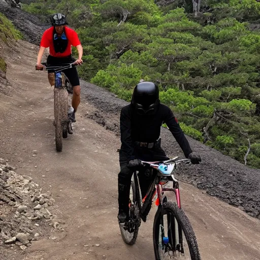 Image similar to darth vader riding a mountain bike through an active volcano