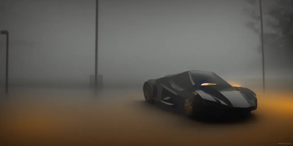 Prompt: parked black rodin fzero, fog, rain, volumetric lighting, beautiful, golden hour, sharp focus, highly detailed, cgsociety