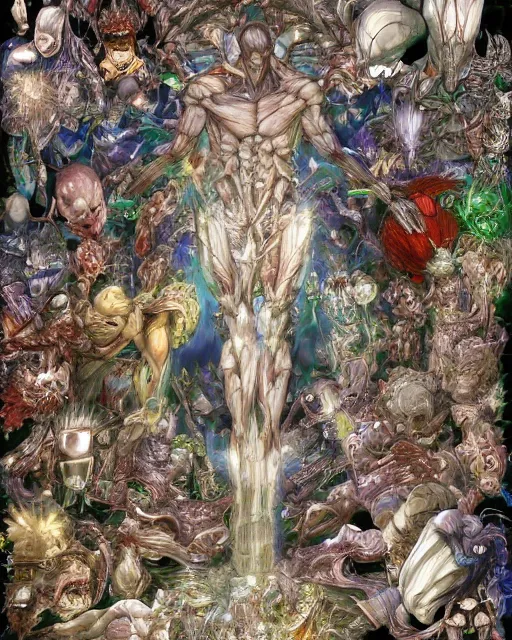 Image similar to anatomy of God by Yoshitaka Amano 4k hyper detailed trending on artstation