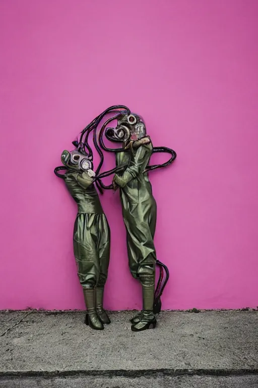 Image similar to a surreal portrait of intertwined and contorted figures wearing gas mask next to a pink wall in the style of brooke didonato, editorial fashion photography from vogue magazine, full shot, nikon d 8 1 0, ƒ / 2. 5, focal length : 8 5. 0 mm, exposure time : 1 / 8 0 0, iso : 2 0 0