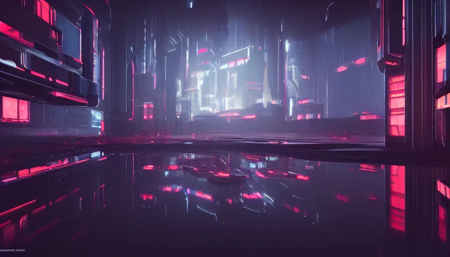 Image similar to concept art of a futuristic dark cyberpunk distopia with reflections, rendering in octane and redshift