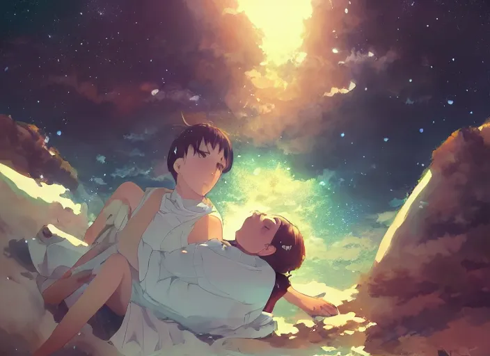 Prompt: watching the stars at night, on a mountain, laying down, by wlop, anime key visual, poster