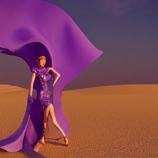 Prompt: woman wearing purple theme, avant-garde art, deco fashion, highly detailed, photorealistic portrait, serene desert setting, golden hour, crisp quality and light reflections, unreal engine 5 quality render