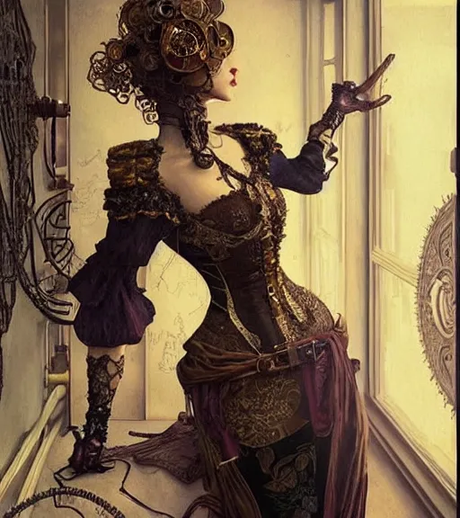 Prompt: woman model, intricate steampunk, clothes in a bedroom!!!!!!!!!!!!!!!!!!!!, vaporwave, intricate clothes, elegant, highly detailed, digital painting, artstation, concept art, smooth, sharp focus, illustration, art by krenz cushart and artem demura and alphonse mucha