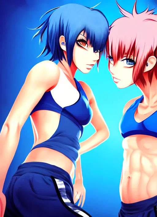 Prompt: two beautiful identical female fighters with short hair facing each other in gym, blue shorts, dim lighting, gorgeous features, high resolution, detailed anime art