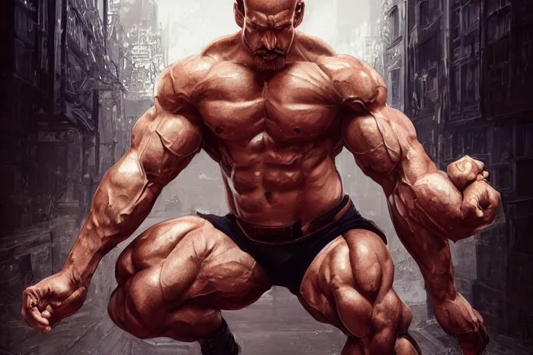 Image similar to gigachad luigi bodybuilder crouching by ilya kuvshinov, ernest khalimov body, super mario bros symmetrical face concept art, hyper realistic, intricate, elegent, highly detailed, digital painting, concept art, smooth, sharp, focus, illustration, art by artgerm and greg rutkowski and alphonse mucha, artstation