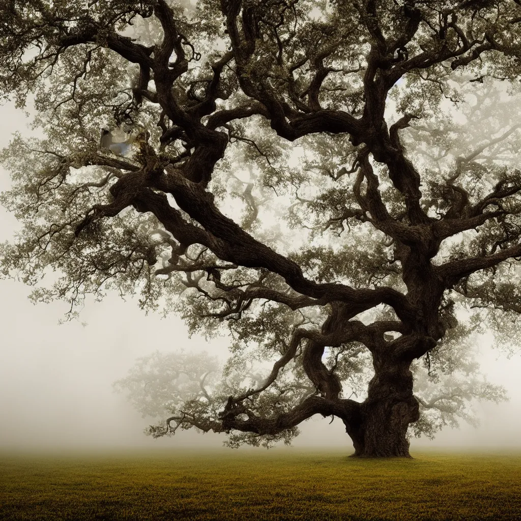 Prompt: old oak tree in four seasons colors growing on a meadow partially covered with morning fog, with big tree hollow in the trunk, with rope ladder hanging down from the tree hollow, cinematic lighting, photo realistic image, 4K, super detailed, cinematic look