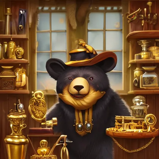 Image similar to Anthropomorphized black bear trader in his shop, selling his wares, portrait, items, gold, magic potions, carpet, window, fancy hat, sly expression , cunning expression, cute expression, long thick shiny gold beak, presenting wares, holding a gold bag, D&D, fantasy, cinematic lighting, highly detailed, digital painting, artstation, concept art, smooth, sharp focus, illustration, warm light, cozy warm tint, magic the gathering artwork, volumetric lighting, 8k, art by Akihiko Yoshida, Greg Rutkowski