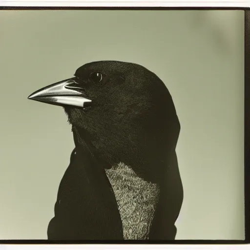 Prompt: close-up shot of a magpie wearing hoodie in 90s, Polaroid photo, by Warhol