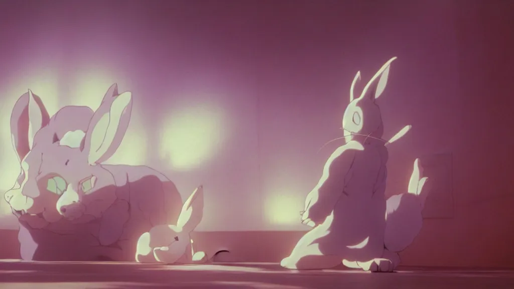 Image similar to a white rabbit waits in front of volumetric light, anime film still from the an anime directed by Katsuhiro Otomo with art direction by Salvador Dalí, wide lens